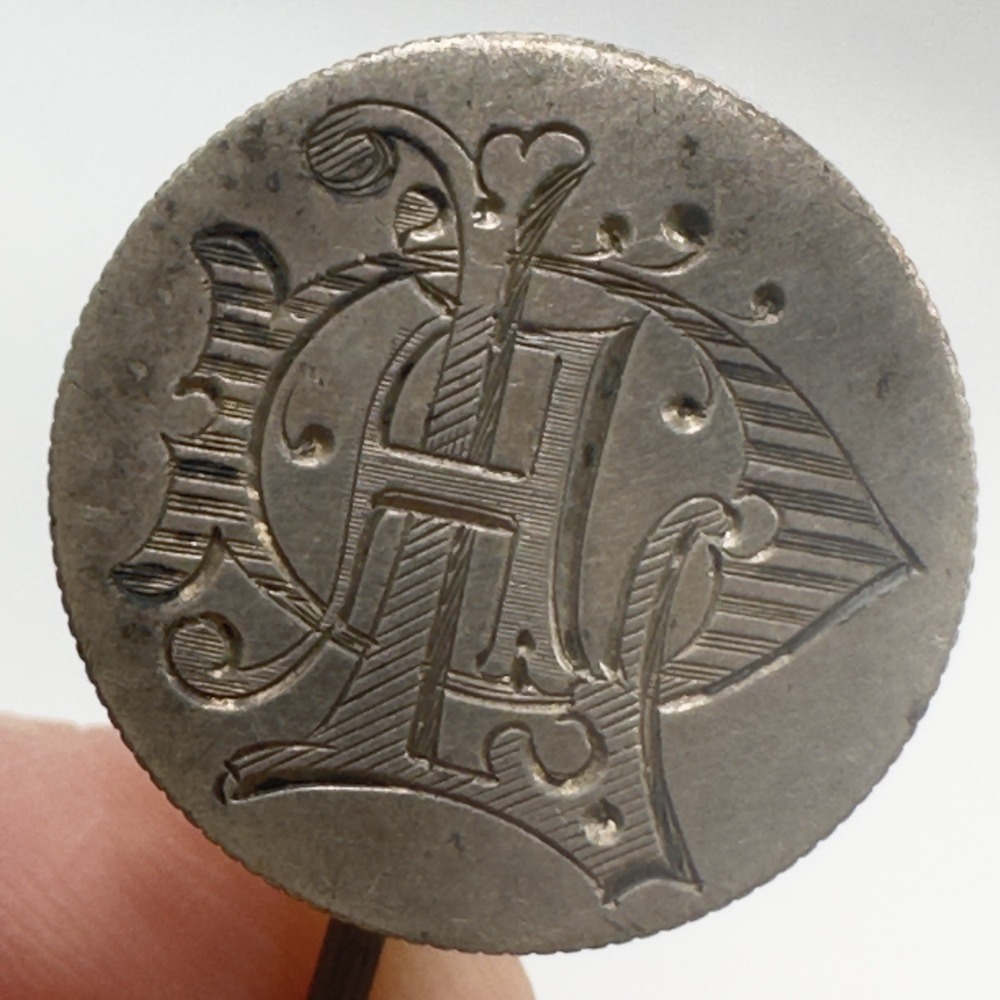 Antique Victorian Love Token Stick Pin 1876 Engraved Coin Dime 3.25"